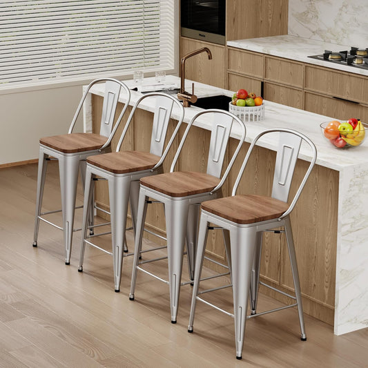 Changjie Furniture 24 Inches Metal Barstools Set of 4 Counter Height Bar Stools Industrial Stools with Backs High Back Chairs for Kitchen Island (24 Inch, Silver)