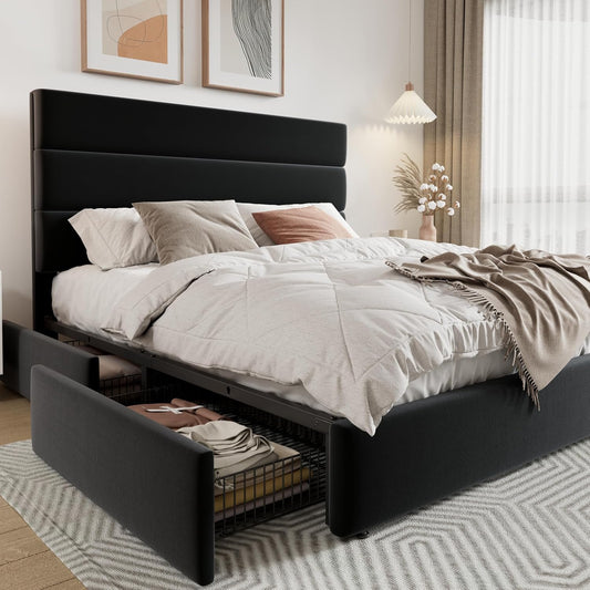 Allewie Modern Queen Size Platform Bed Frame with 4 Storage Drawers and Velvet Upholstered Headboard, Wooden Slats Support, Upholstered Mattress Foundation/No Box Spring Needed/Easy Assembly, Black