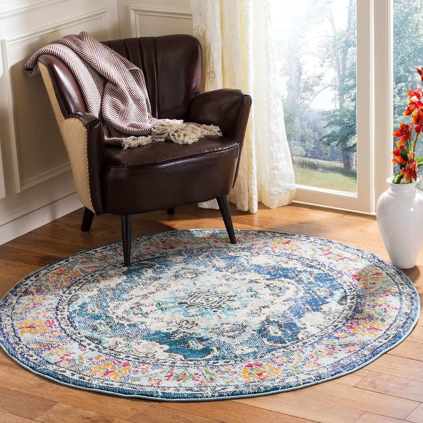 SAFAVIEH Monaco Collection Area Rug - 3' Round, Navy & Light Blue, Boho Chic Medallion Distressed Design, Non-Shedding & Easy Care, Ideal for High Traffic Areas in Living Room, Bedroom (MNC243N)