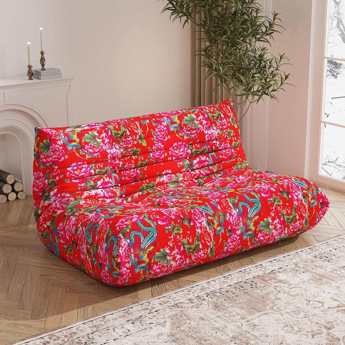 Bean Bag Chair, Loveseat Fireside Chair Bean Bag Sofa Large Bean Bag Chair for Adults, 2 Seater Bean Bag Chairs for Teens with High Density Comfortable Foam, Bean Bag for Living Room, Bedroom (Flower)