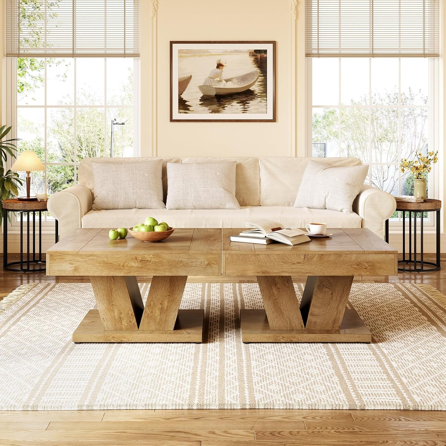 LITTLE TREE Square Coffee Table, Modern Rustic Coffee Table for Living Room, Wooden Table with Adjustable Feet, Oak