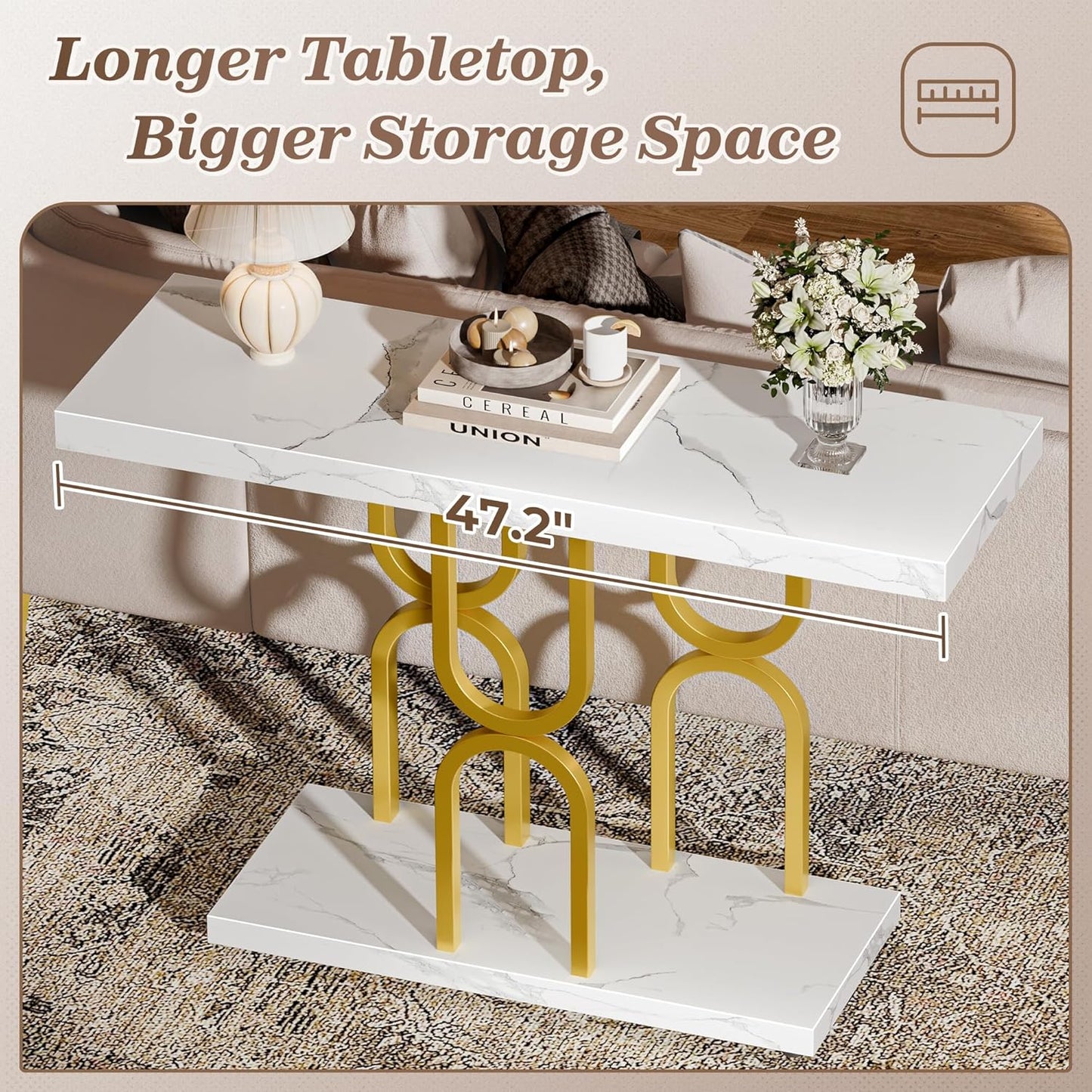 Huuger 47.2 Inch Entryway Table with Marble Top, Modern Console Sofa Table, Accent Table, for Entry, Hallway, Entrance, Foyer, U-Shaped Metal Base, White Marble & Gold