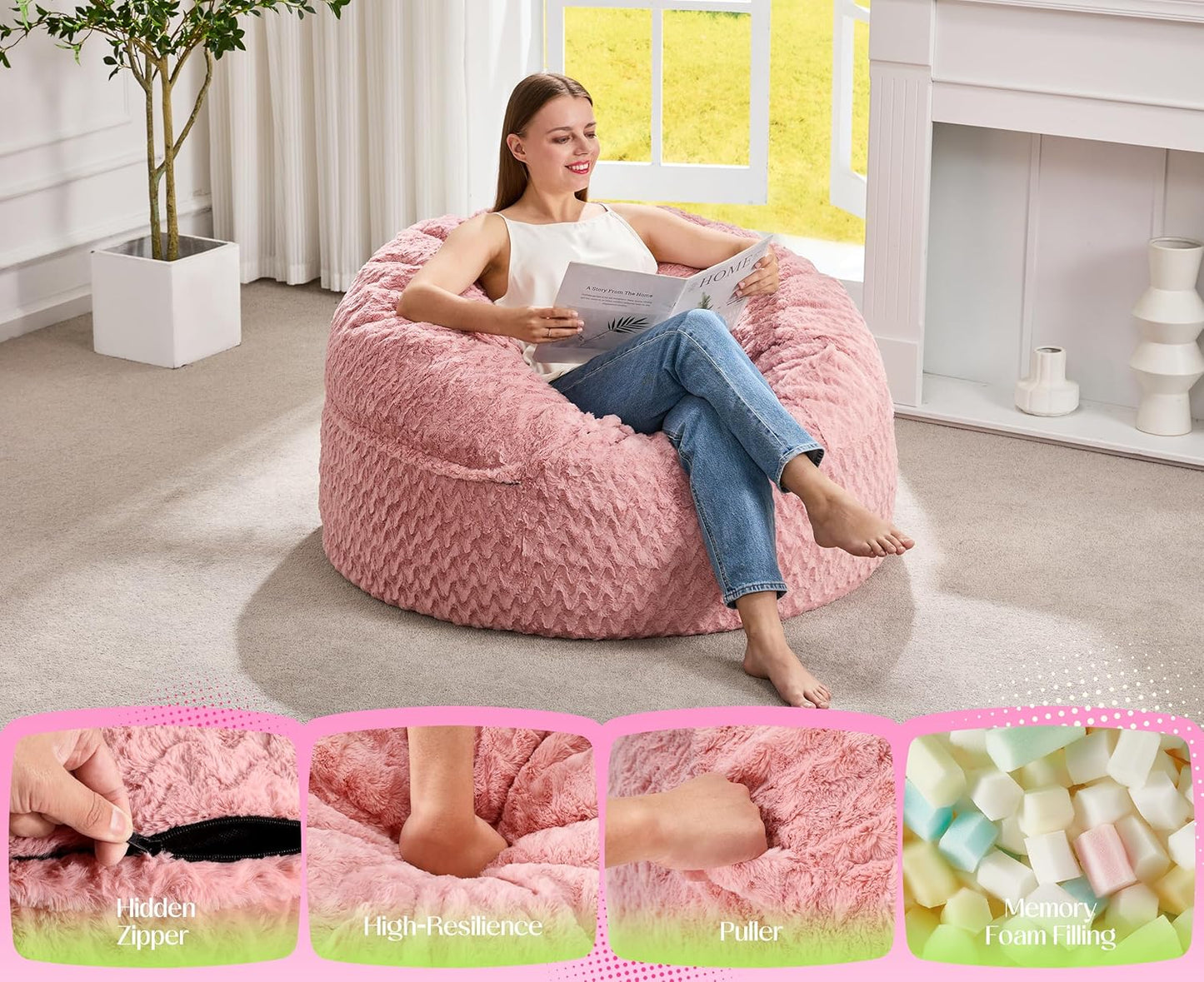 Hobestluk Bean Bag Chair Convertible Beanbag Chairs for Adults, 3 in 1 Bean Bags with Plush Chevron Cover, Adult Bean Bag Chair for Living Room, Bedroom (Pink, Twin)