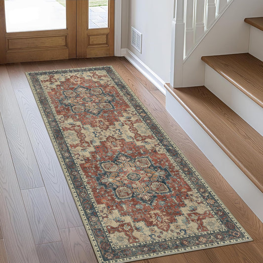 GENIMO 2x8 Runner Rugs for Hallway, Machine Washable Non Slip Vintage Rugs, Low Pile Lightweight Soft Print Rug for enrtyway, Corridor, Home Office, Kitchen, Bordeaux