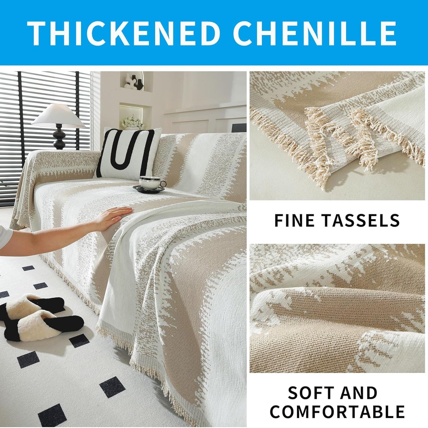 LUFEIJIASHI Boho Couch Covers for Sofa Non Slip Sofa Covers Washable Couch Covers for 3 Cushion Couch Sofa Pet Friendly Sectional Couch Cover Blanket Furniture Protector for Dogs (Khaki, 91"x134")