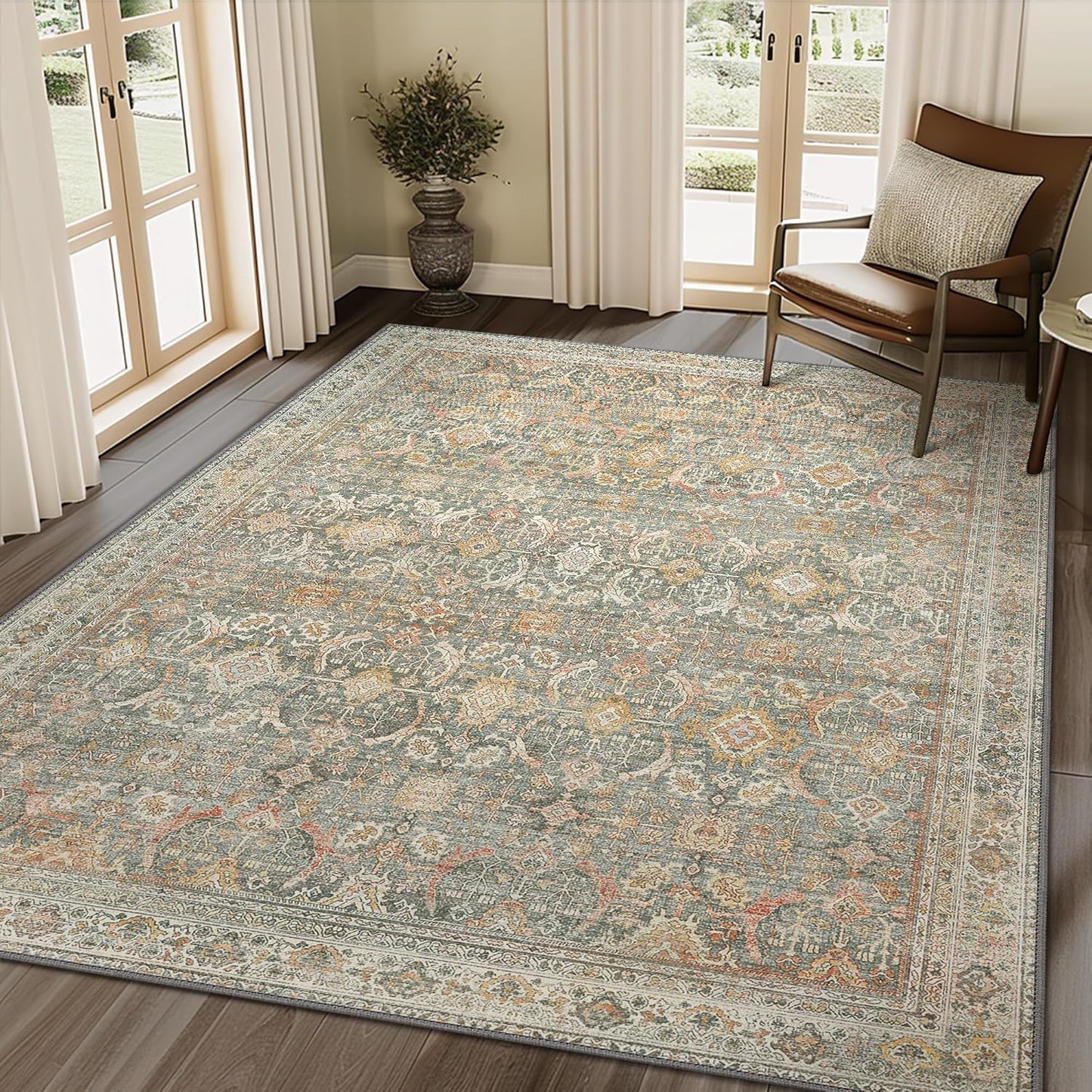 5X7 Area Rugs Machine Washable Rugs for Living Room, Vintage Boho Large Rugs for Bedroom Dining Room, Non Slip Indoor Soft Distressed Lightweight Thin Low Pile Carpet, Turmeric