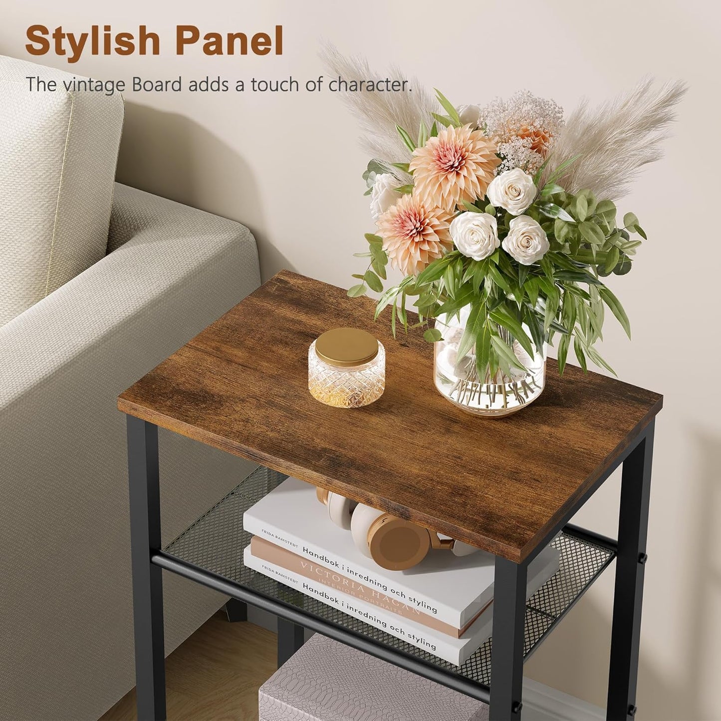 Hoctieon 3 Tier End Table, Telephone Table, Narrow Side Table with Storage, Nightstand for Small Spaces, Metal Frame, For Living Room, Bedroom, Sofa Couch, Hall, Easy Assembly, Rustic Brown