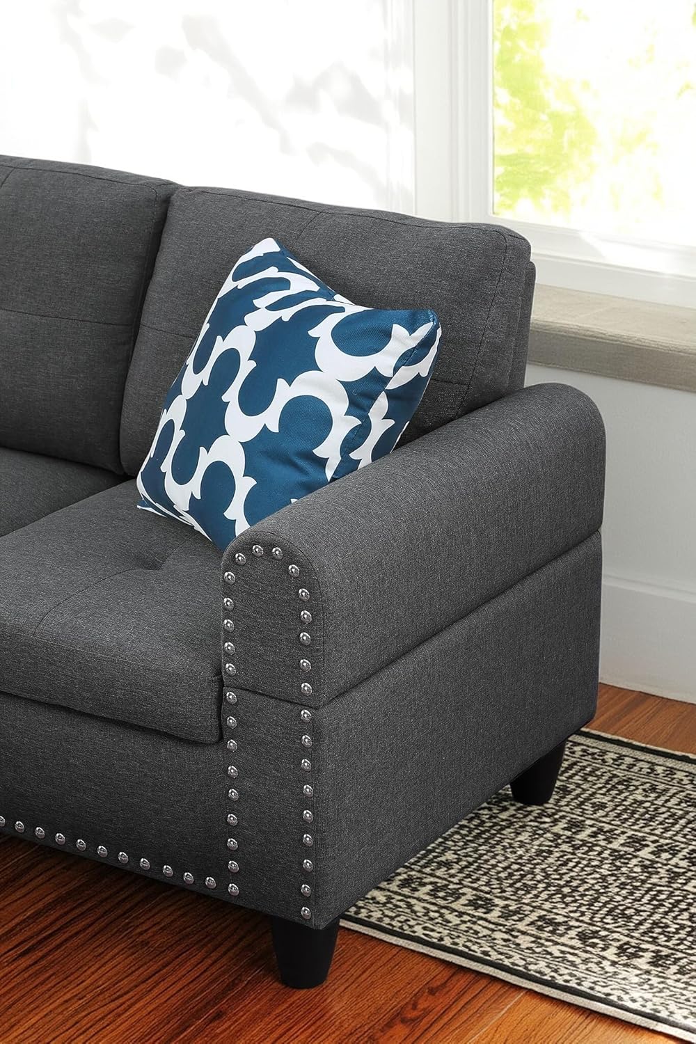 98 Inch L Shaped Sectional Sofa with Chaise Lounge, Storage Ottoman and 2 Pillows, 4-Seaters Linen Upholstered Tufted Couch w/Cupholder & Nailhead Trim for Living Room, Office, Dark Gray