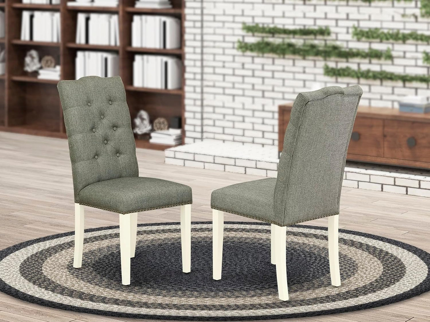 East West Furniture ELP2T07 Elsa Parson Dining Room Chairs - Button Tufted Nailhead Trim Gray Linen Fabric Padded Chairs, Set of 2, Linen White