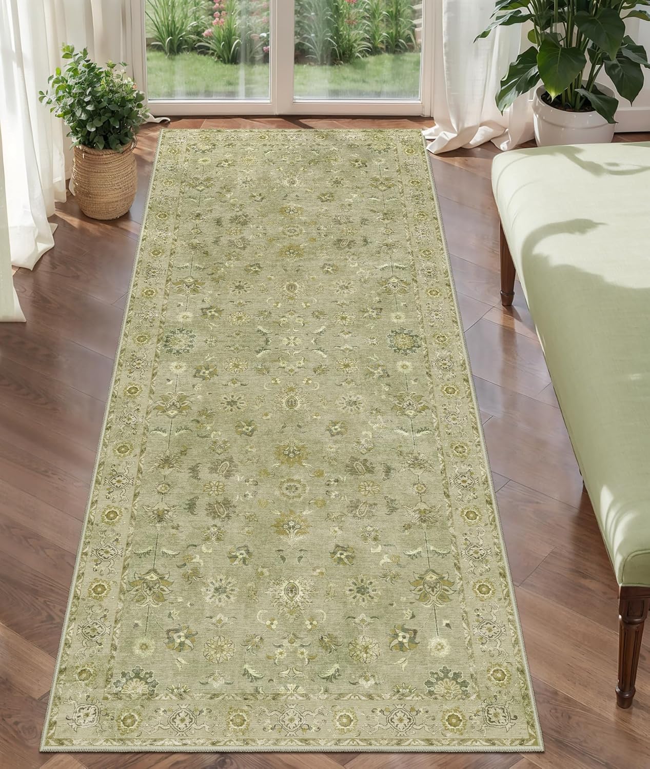 Tangsoo 2x5 Washable Runner Rug for Hallways, Non Slip Floral Vintage Runner Rugs, Soft Low Pile Long Rug, Print Distressed Green Carpet Runners for Kitchen Bedroom Entryway Bathroom Living Room
