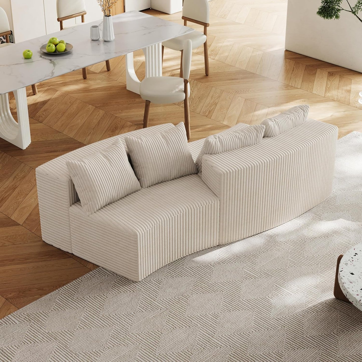 KEIKI Corduroy Curved Sectional Sofa, 2 Seater Symmetrical Modular Semi Circular Couch, Deep Seat Tufted Corner Sofa for Living Room, Lobby, Beige