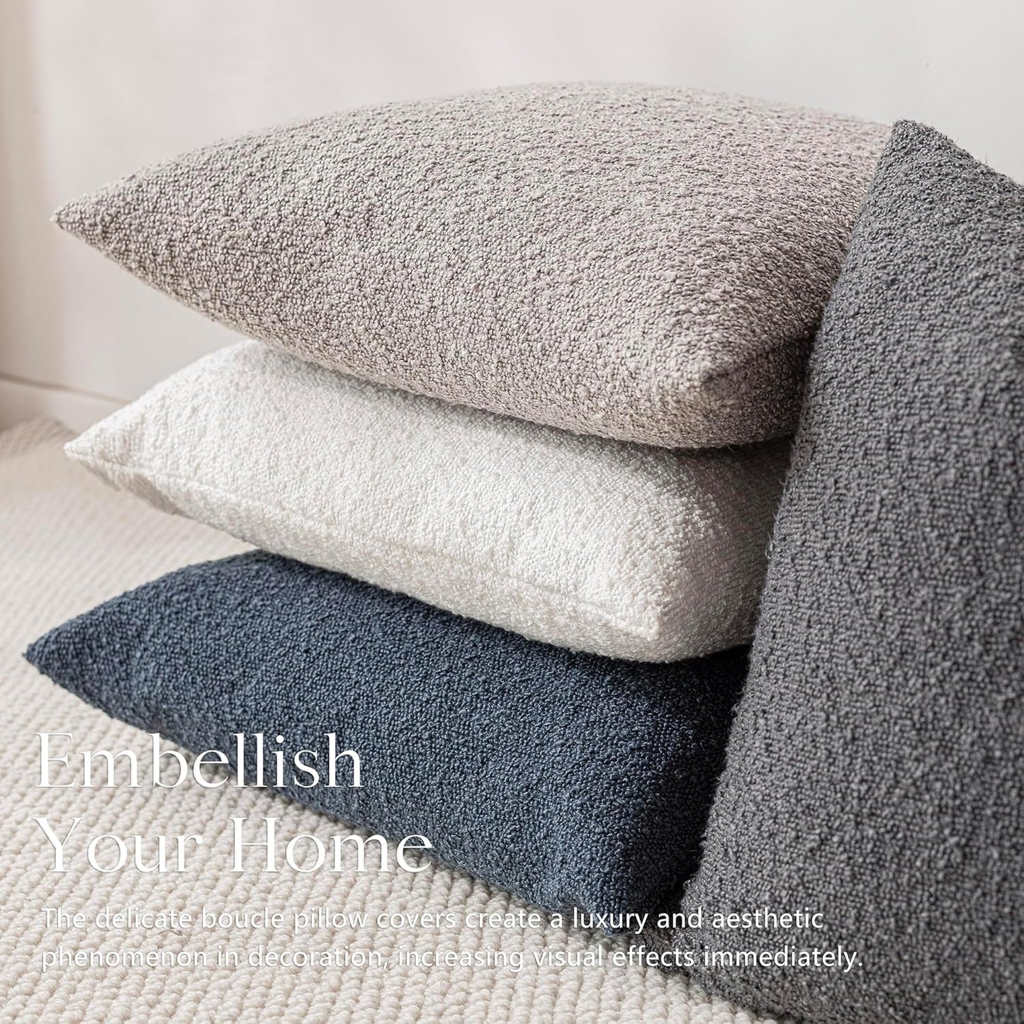 Foindtower Set of 2, Decorative Textured Boucle Throw Pillow Covers Accent Solid Pillow Cases Soft Cozy Couch Cushion Case for Chair Sofa Bedroom Living Room Home Decor 24 x 24 Inch Neutral Grey