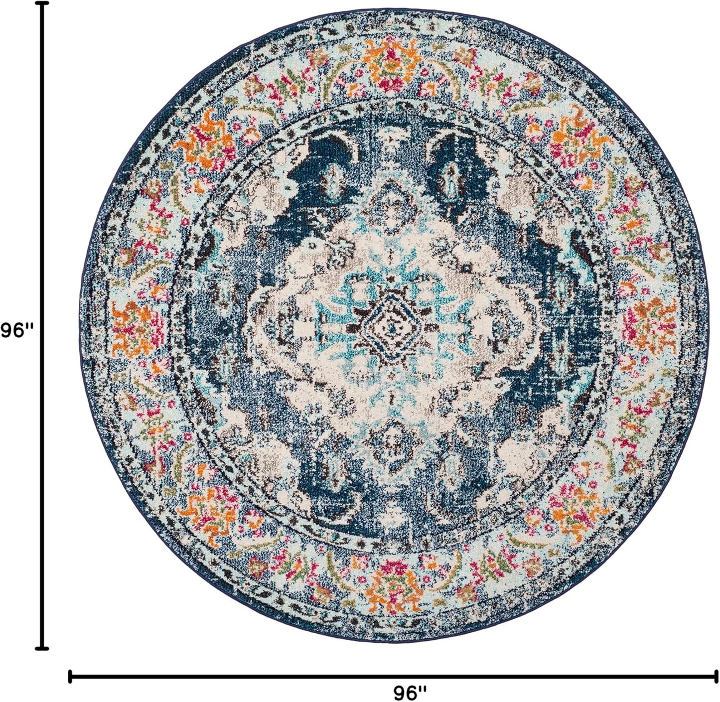 SAFAVIEH Monaco Collection Area Rug - 8' Round, Navy & Light Blue, Boho Chic Medallion Distressed Design, Non-Shedding & Easy Care, Ideal for High Traffic Areas in Living Room, Bedroom (MNC243N)