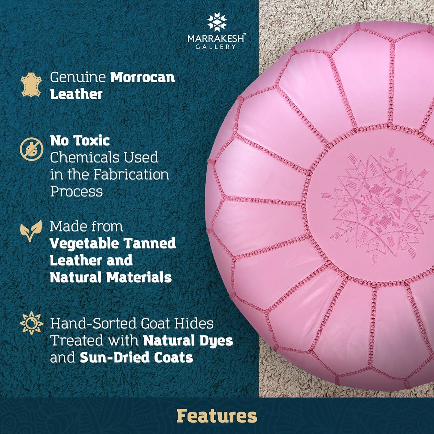 Marrakesh Gallery Genuine Leather Round Pouf Unstuffed - Moroccan Ottoman Footstool, Footrest Cover - Boho Decor - Bohemian Living Room, Bedroom, Kids Room, Gift & Wedding