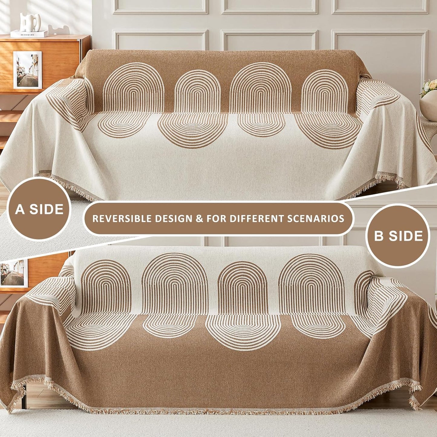 STACYPIK Modern Beige Geometric Couch Cover for Dog Boho Reversible Sofa Covers for 3 Cushion Couch Washable Furniture Protector Chenille Sofa Slipcover Loveseat Cover Multi-Use Throw Blanket-71X134IN