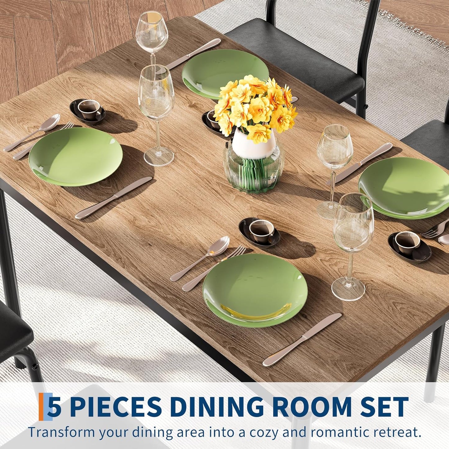 IDEALHOUSE 5 Piece Dining Room Table Set, Kitchen Table Set for 4 with Brown Wooden Grain Kitchen Table and 4 PU Upholstered Metal Chairs, Dining Room Set for Small Space,Home Dinner(4 Black Chairs)