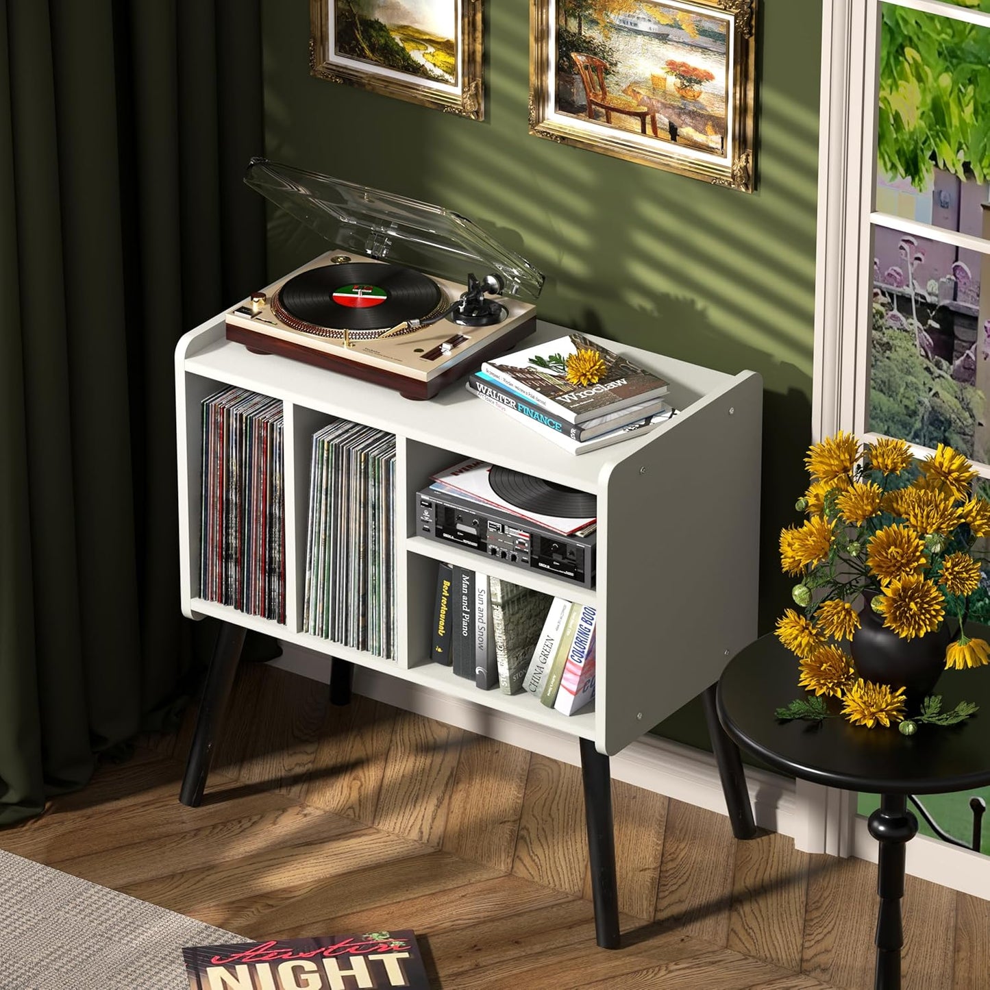 Record Player Table, Mid-Century Record Player Stand with Vinyl Storage Hold Up to 150+ Albums, Vinyl Record Cabinet with Adjustable Shelves, Wood Turntable Stand for Music Living Room (White)