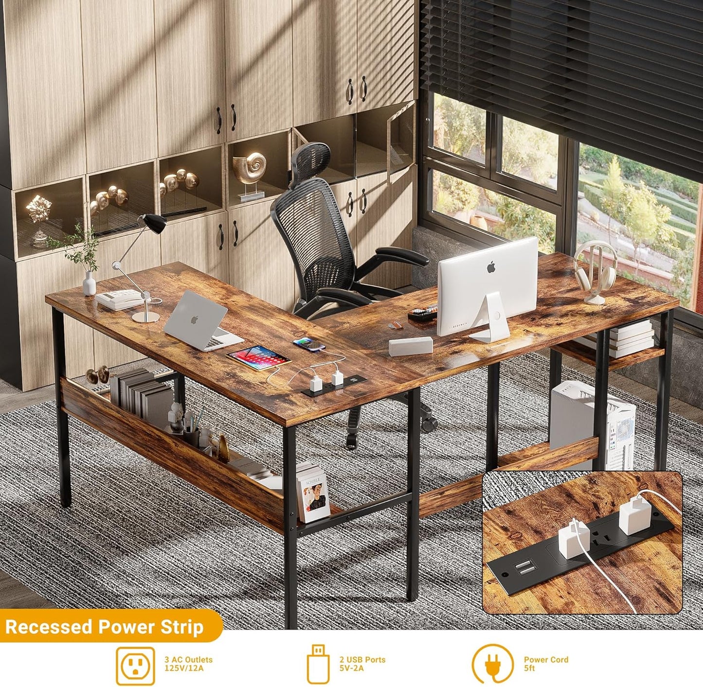 Unikito L Shaped Computer Desk with Magic Power Outlets and USB Charging Ports, Sturdy Reversible Corner Desk with Storage Shelves, Modern Work Desk for Home Office, Easy to Assemble, Rustic Brown