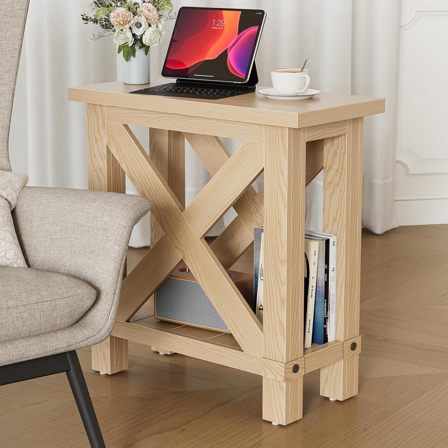 LITTLE TREE Farmhouse Side Table Set of 2, Narrow End Table for Space Saving, Bedside Furniture for Bedroom, Living Room, Small Spaces, Oak