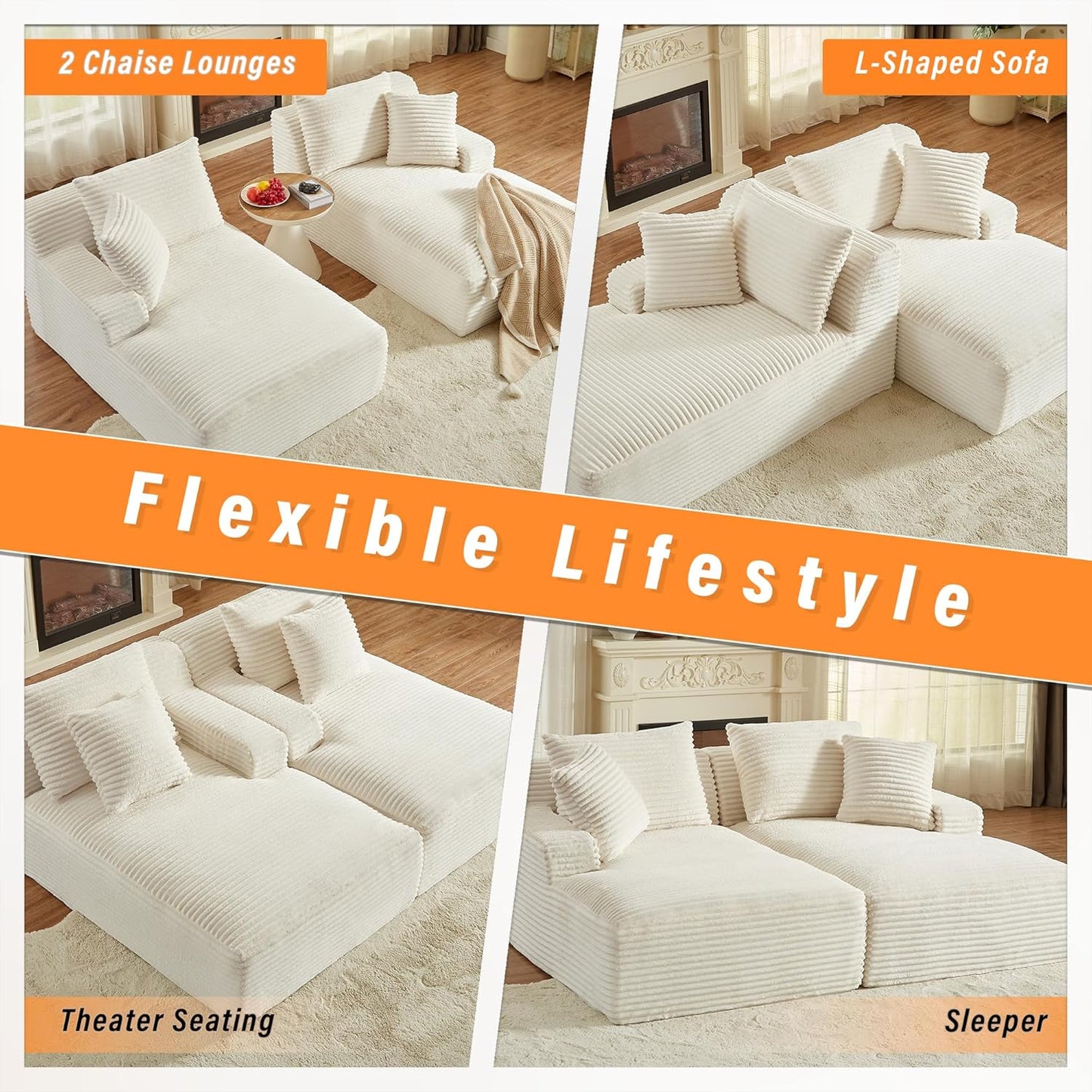 ERYE 79" Oversized Double Chaise Lounge Indoor Sleeper Recliner Sofabed with 4 Pillows, Fluffy Corduroy Loveseat Sleeper Chaise Daybed 2 Pieces Boneless Chair Sofa Bed for Living Room Bedroom Reading