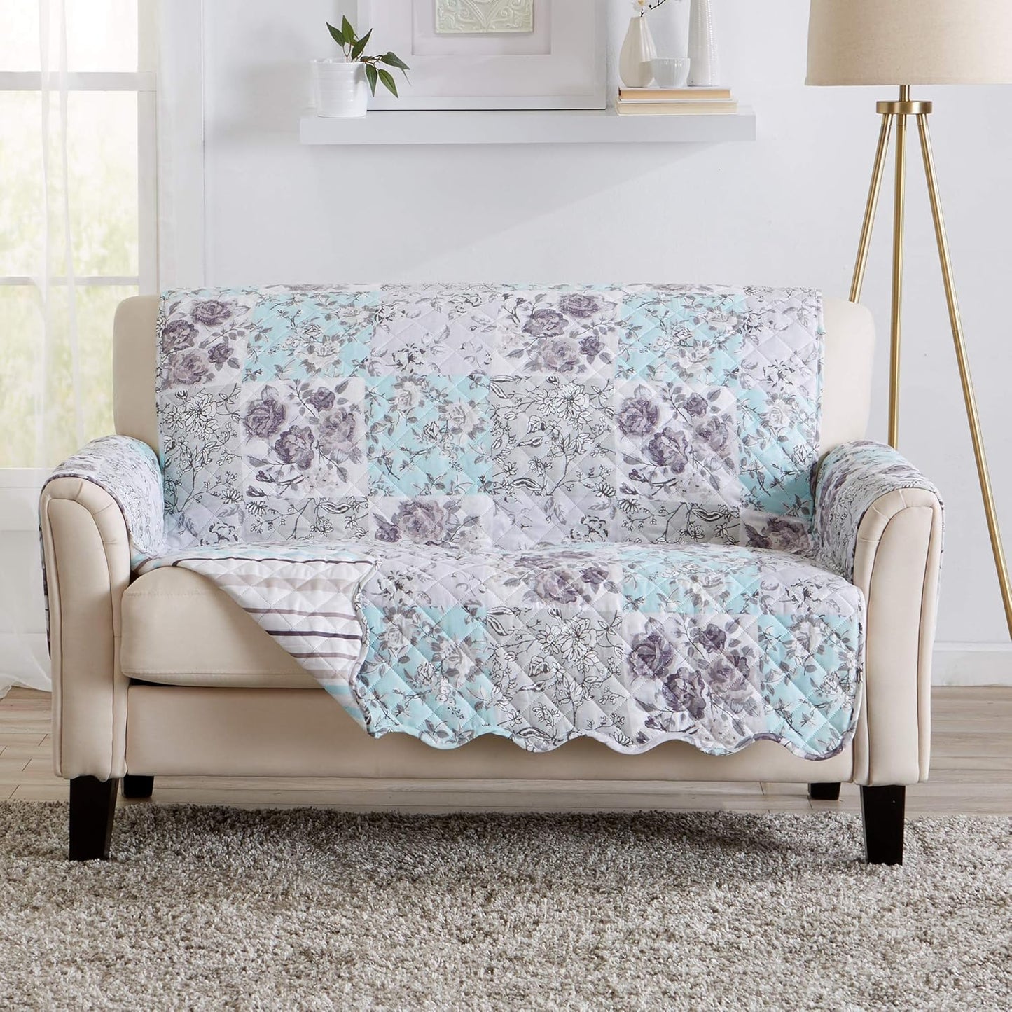 Reversible Floral Patchwork Furniture Protector Scalloped Edge Stain Resistant Printed Furniture Protector Maribel Collection (Loveseat, Gray/Aqua)