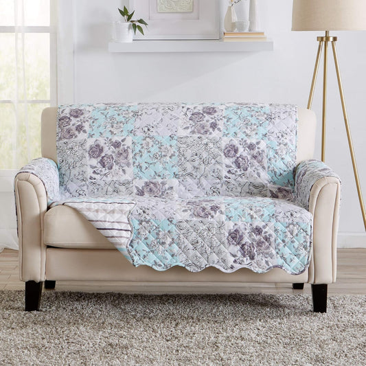 Reversible Floral Patchwork Furniture Protector Scalloped Edge Stain Resistant Printed Furniture Protector Maribel Collection (Loveseat, Gray/Aqua)