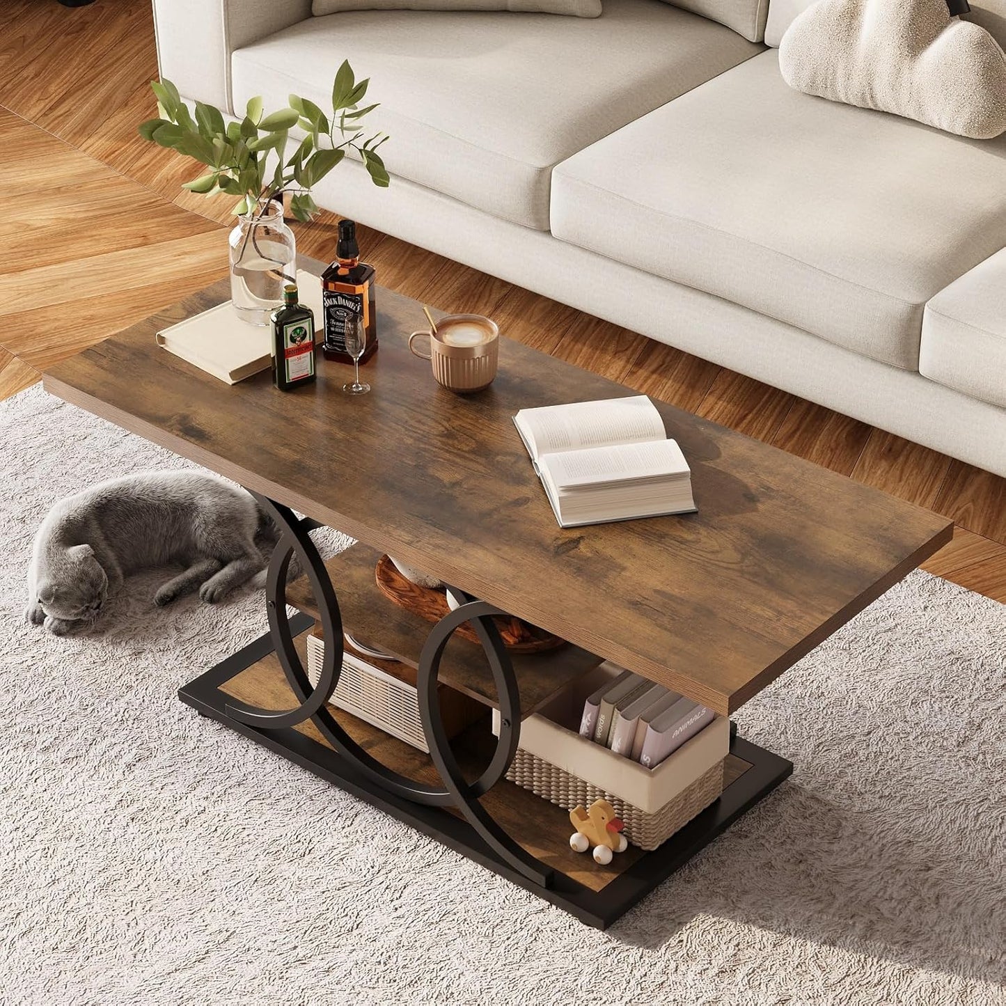 GiftGo Rustic Coffee Table with Storage Industrial 3 Tier Center Living Room Table Farmhouse Wooden Rectangle Cocktail Tea Table for Office Bedroom Elegant Full Moon Round Metal Frame (Brown, L-47)