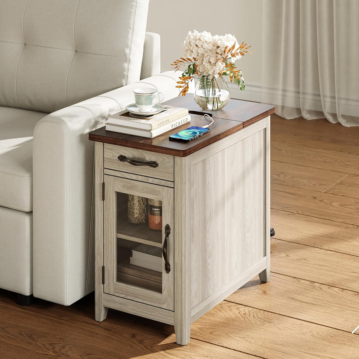 LINSY HOME Farmhouse End Table with Charging Station, Narrow Side Table for Living Room, Sofa Side Table with Drawer and Storage Cabinet, Small Nightstand for Home Office