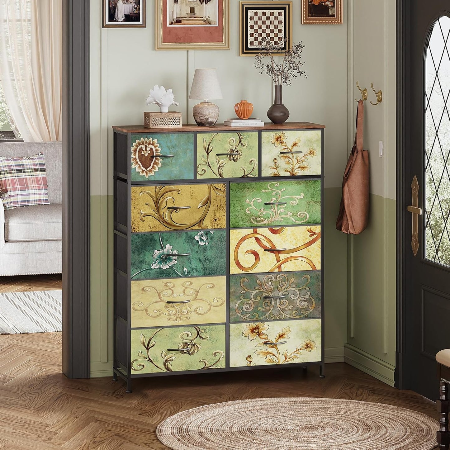 WLIVE Storage Organizer Unit with 11 Fabric Bins, Storage Drawers Organizer with Steel Frame, Tall Storage Tower Organizaton for Living Room, Hallway, Office, Floral Painted