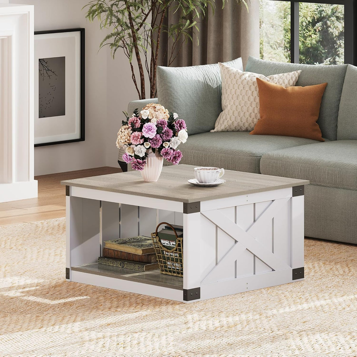 WLIVE Coffee Table, Farmhouse Coffee Table with Open Storage, 31.5" Wood Square Living Room Tables, Rustic Dining Cocktail Center Table for Living Room, Grey & White