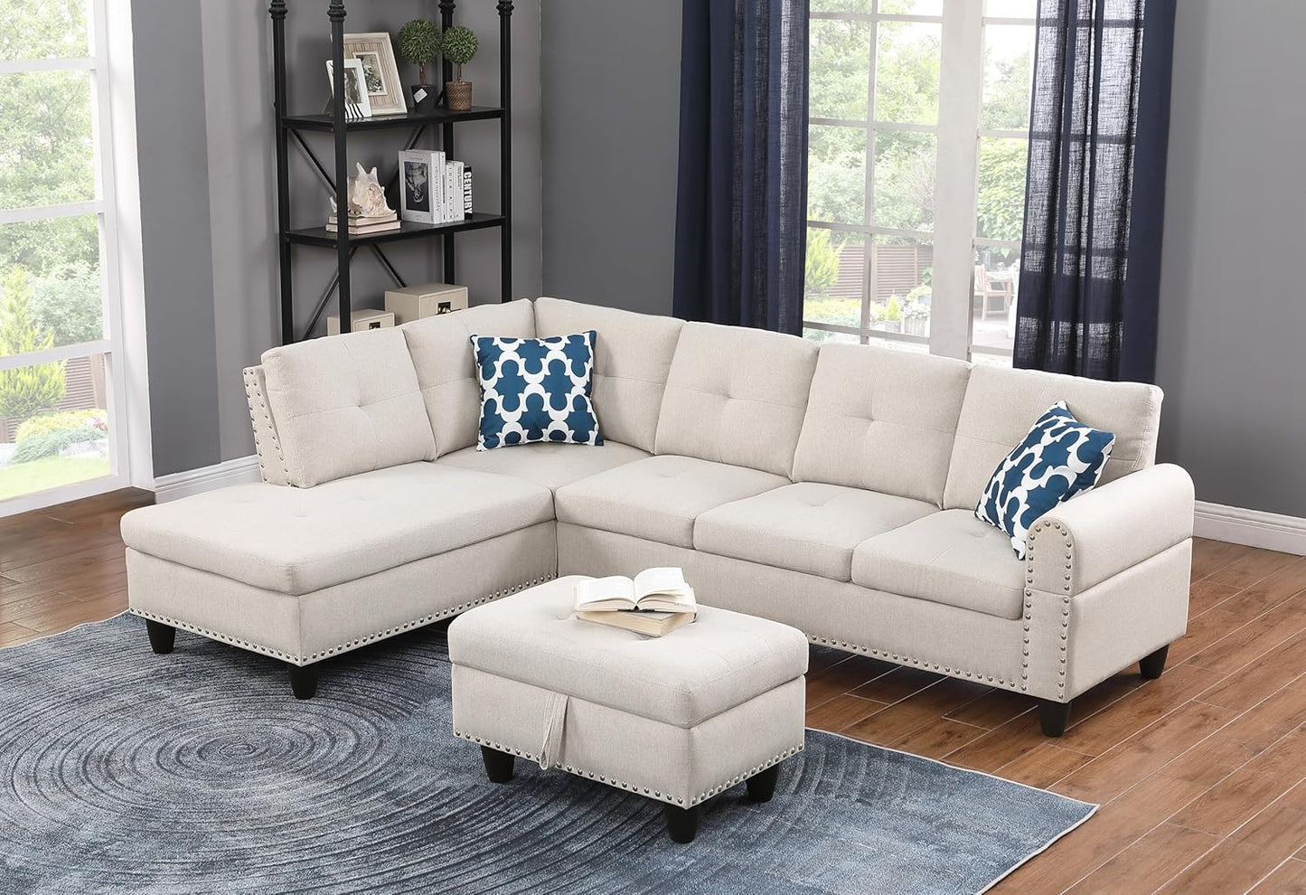 Ball & Cast 98" L Shaped Sectional Couch for Living Room with Storage Ottoman & Nailhead Trim,4 Seat Linen Upholstered Modular Sectional Sofa Set 3 PCS W/Chaise & Cup Holders,for Home,Office,Beige