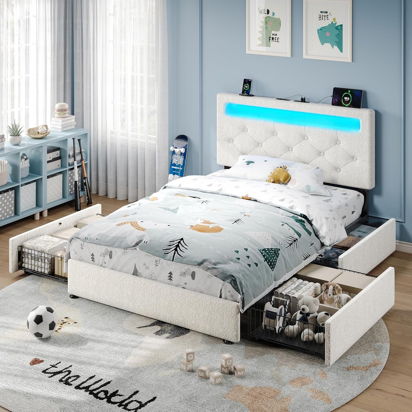 Rolanstar Twin Bed Frame with 4 Storage Drawers and Charging Station,Twin Bed with Led Lights, 2 USB & 1 Type C, Adjustable Headboard 38.9/40.8 Inches, No Box Spring Needed, White