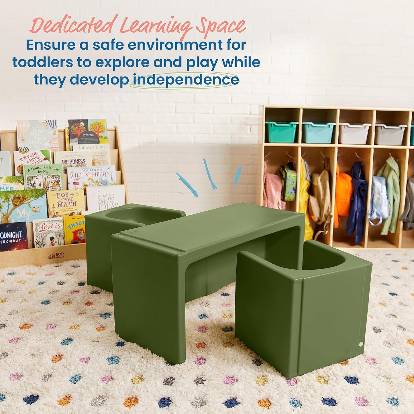 ECR4Kids Tri-Me Table and Cube Chair Set, Multipurpose Furniture, Hunter Green, 3-Piece