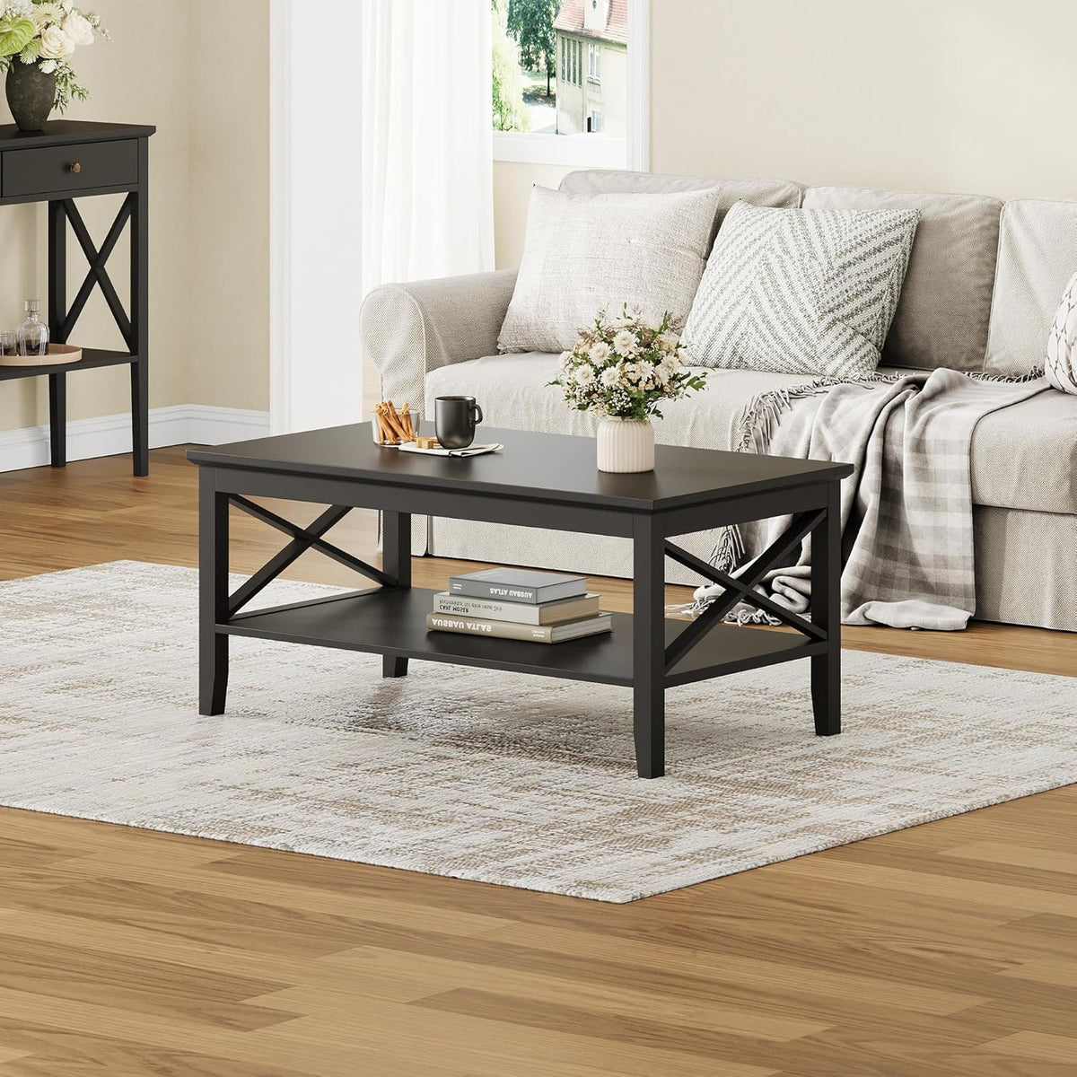 ChooChoo Coffee Table with Thicker Legs, Black Wood Coffee Table with Storage for Living Room, 47 inch