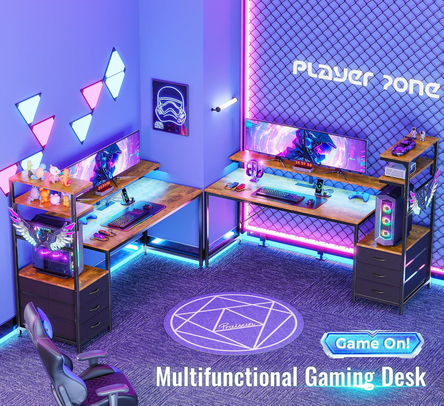 PRAISUN 61.7" Gaming Desk with LED Lights & Outlets, Computer Desk with 3 Fabric Drawers, PC Desk with PC Case Stand & Movable Storage Shelves, Monitor Stand, Reversible, Rustic Brown