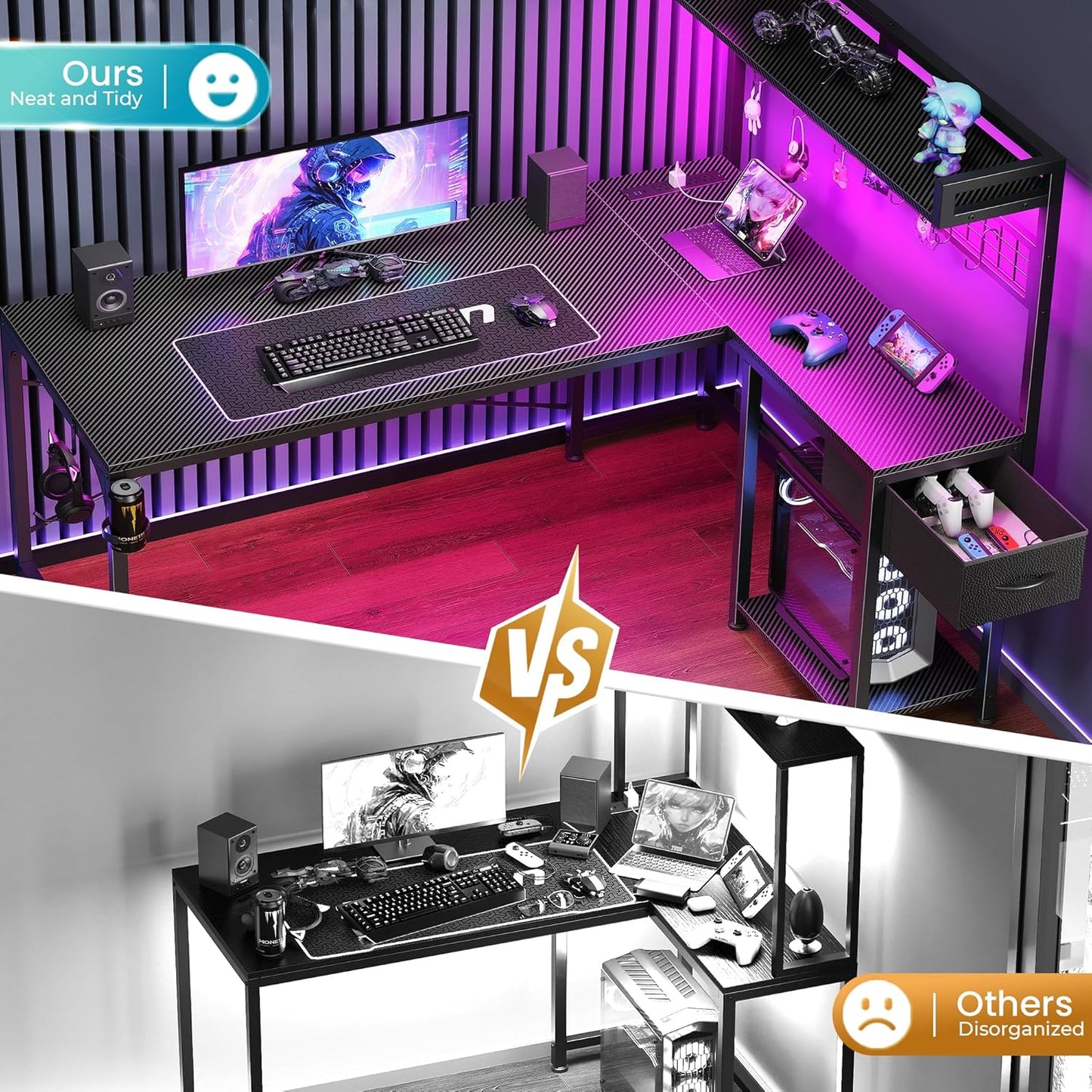 PRAISUN L Shaped Gaming Desk with Shelves, Corner Computer Table with LED Lights, Power Outlets and USB-C Ports, 50 Inch Home Office Desk with Storage Drawer, for Work and Study, Carbon Fiber Black