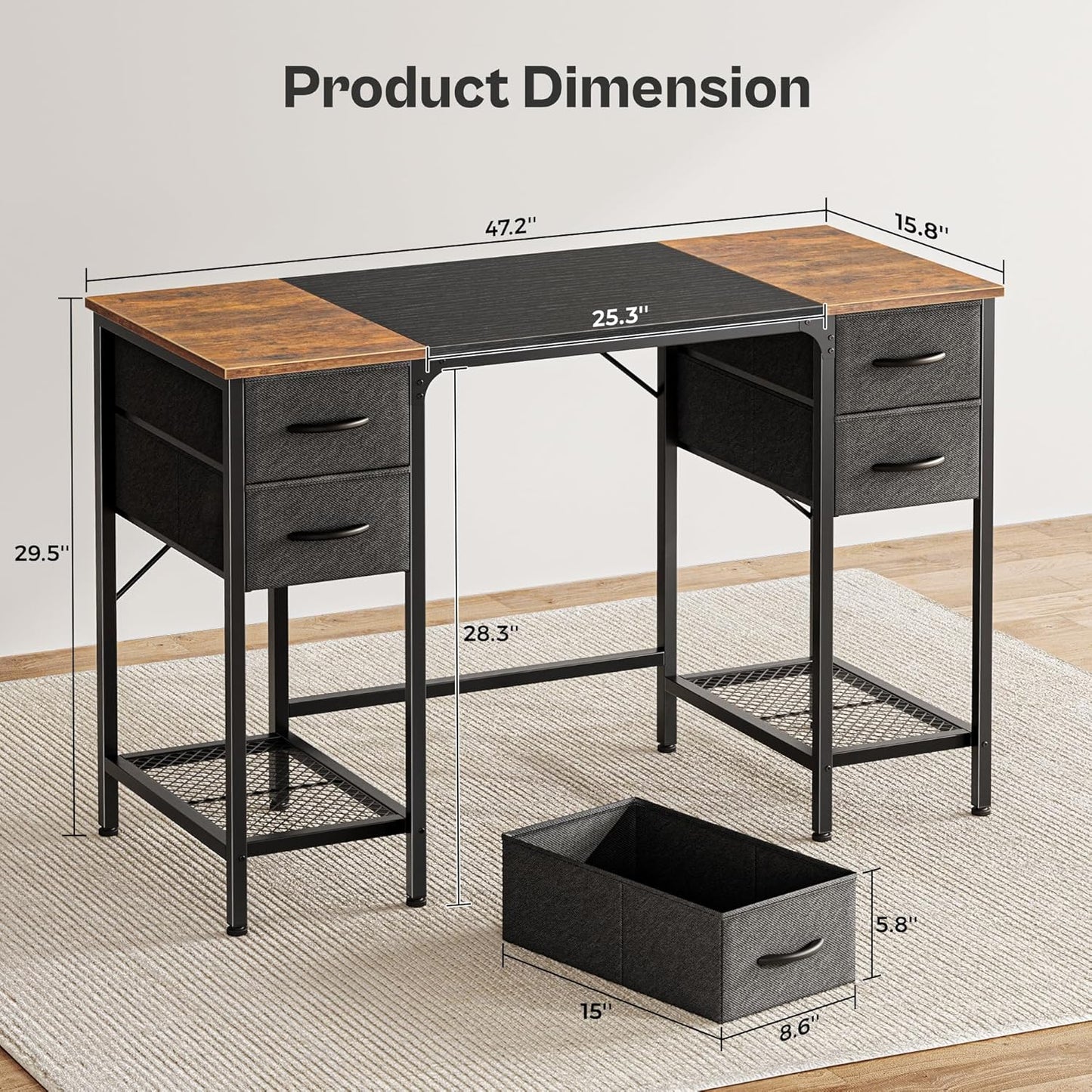 Huuger 47 Inch Computer Desk with 4 Drawers, Office Desk with Mesh Shelf, Gaming Desk, Large Storage, Writing Work Desk for Home Office, Study, Bedroom, Work from Home, Rustic Brown and Black
