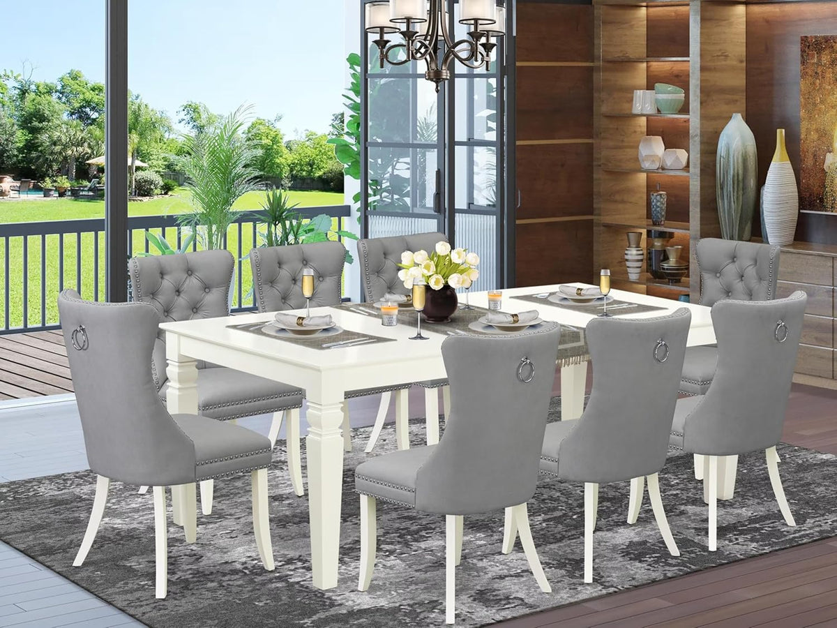 East West Furniture LGDA9-LWH-27 9 Piece Dining Room Set Includes a Rectangle Kitchen Table with Butterfly Leaf and 8 Polyester Fabric Upholstered Chairs, 42x84 Inch, linen white