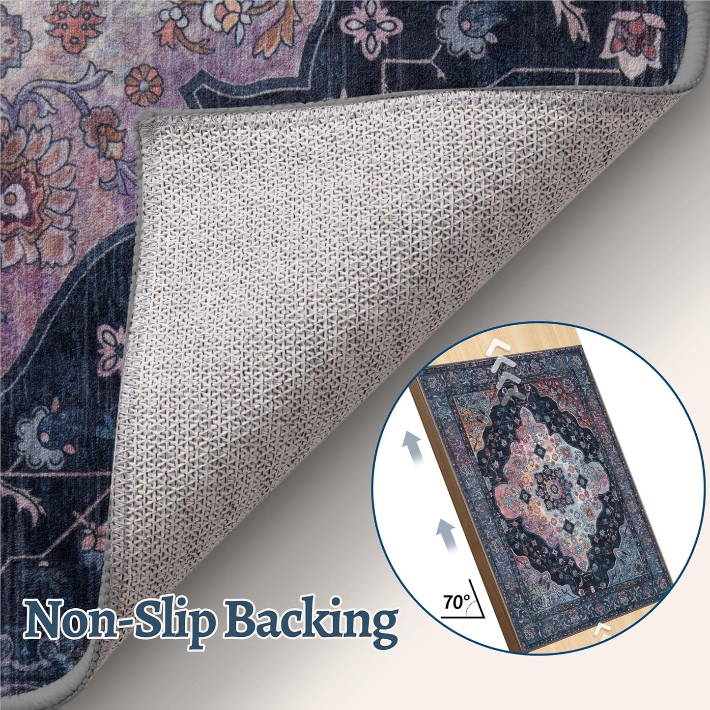 Tangsoo 2x10 Washable Runner Rug for Hallways, Non Slip Vintage Runner Soft Low Pile Long Rug Runner, Print Distressed Navy/Mlulti Carpet Runners for Kitchen Bedroom Entryway Bathroom Living Room
