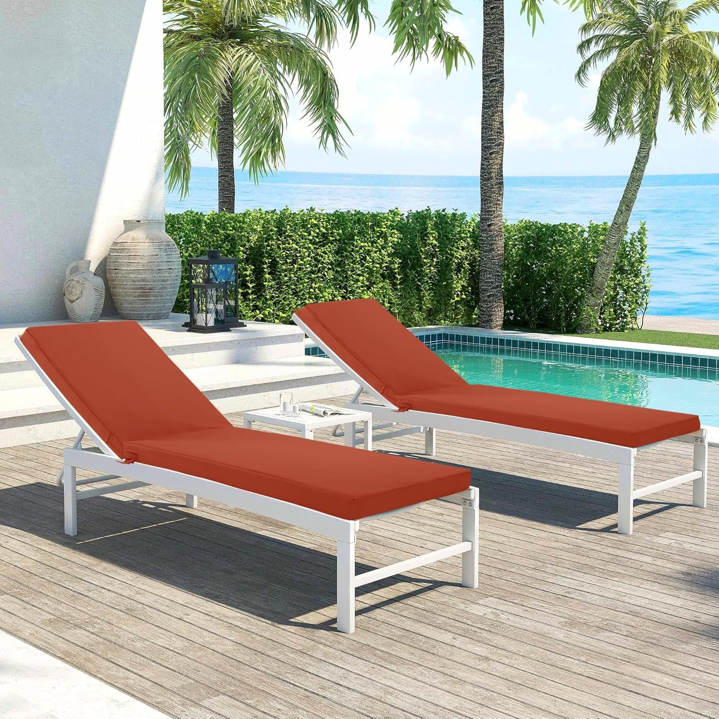 Chaise Lounge Cushions Outdoor Set of 2 - Waterproof and Fade Resistant Sun Lounger Replacement Cushions - Patio Lounger Pads with Removable Cover for Pool, Deck, 80 x 26 x 3 Inch, Rust
