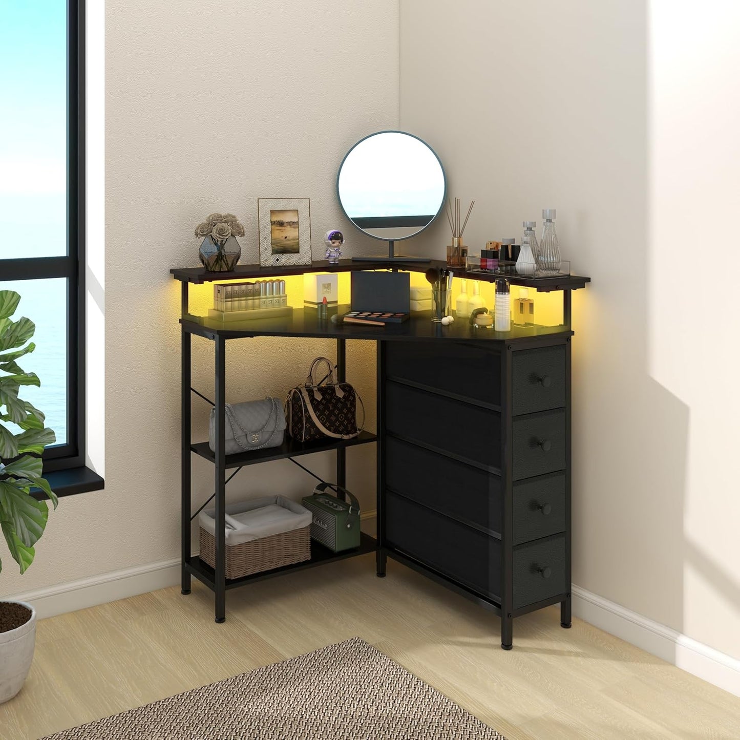 Corner Desk with Drawers Shelves for Small Space 90 Degrees Triangle Computer Desk with Power Outlets,Gaming Desk with LED Lights Monitor Stand for Home Office Workstation Writing Table (Black)