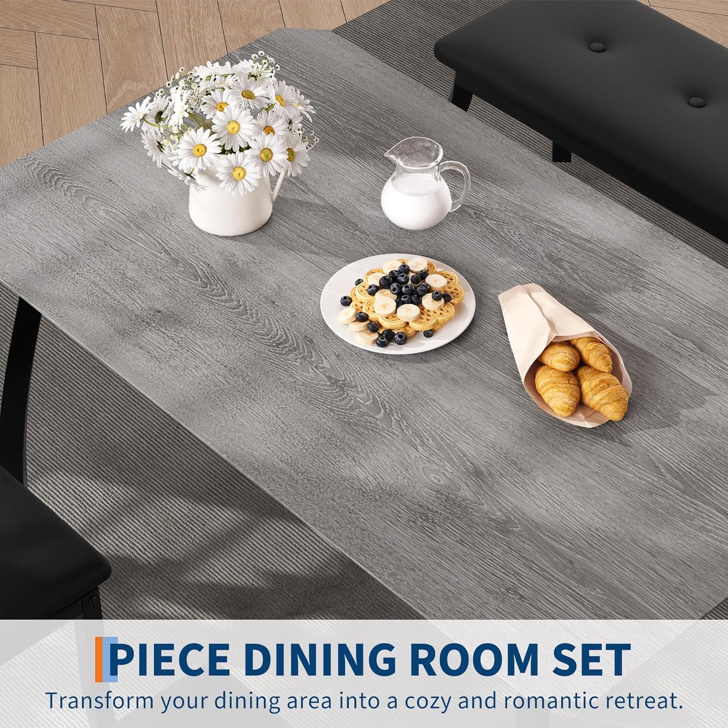 Dining Table Set for 4, Wooden Kitchen Table with Upholstered Bench & 2 Cushion Chairs, Space-Saving Dinette Set for Studio, Kitchen, Dining Room, Apartment(43''x28''x30''), Gray