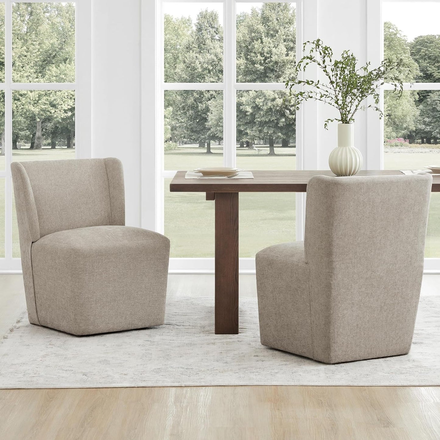 Upholstered Dining Chair with Casters Wingback Modern Side Armless Deskchair with Rollers for Diningroom Bedroom Livingroom Reading Room,Khaki,1 Box
