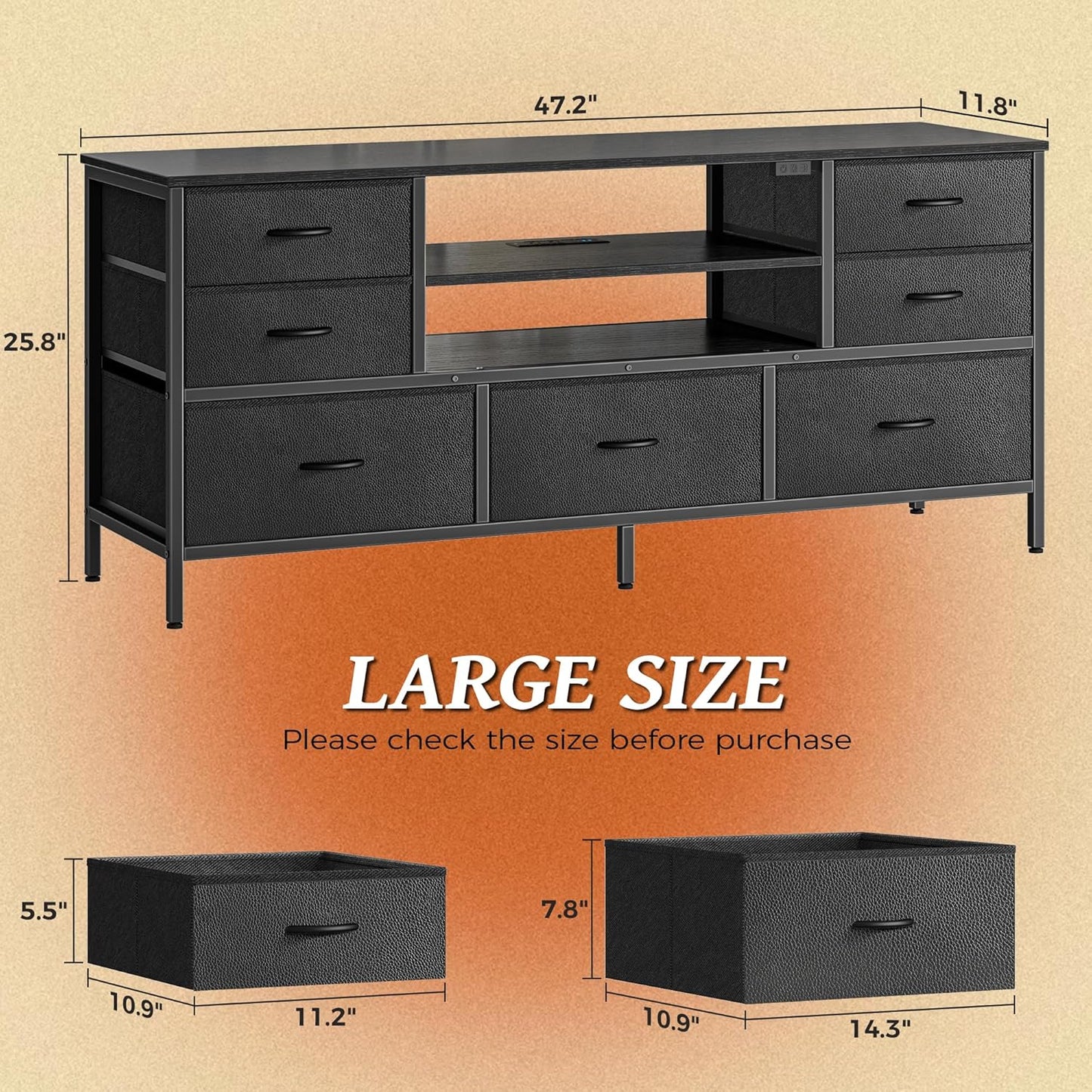 Huuger TV Stand Dresser with Power Outlets and LED Lights, 7 Drawer Console for 55 Inch TV, Black PU Leather Bedroom Dresser