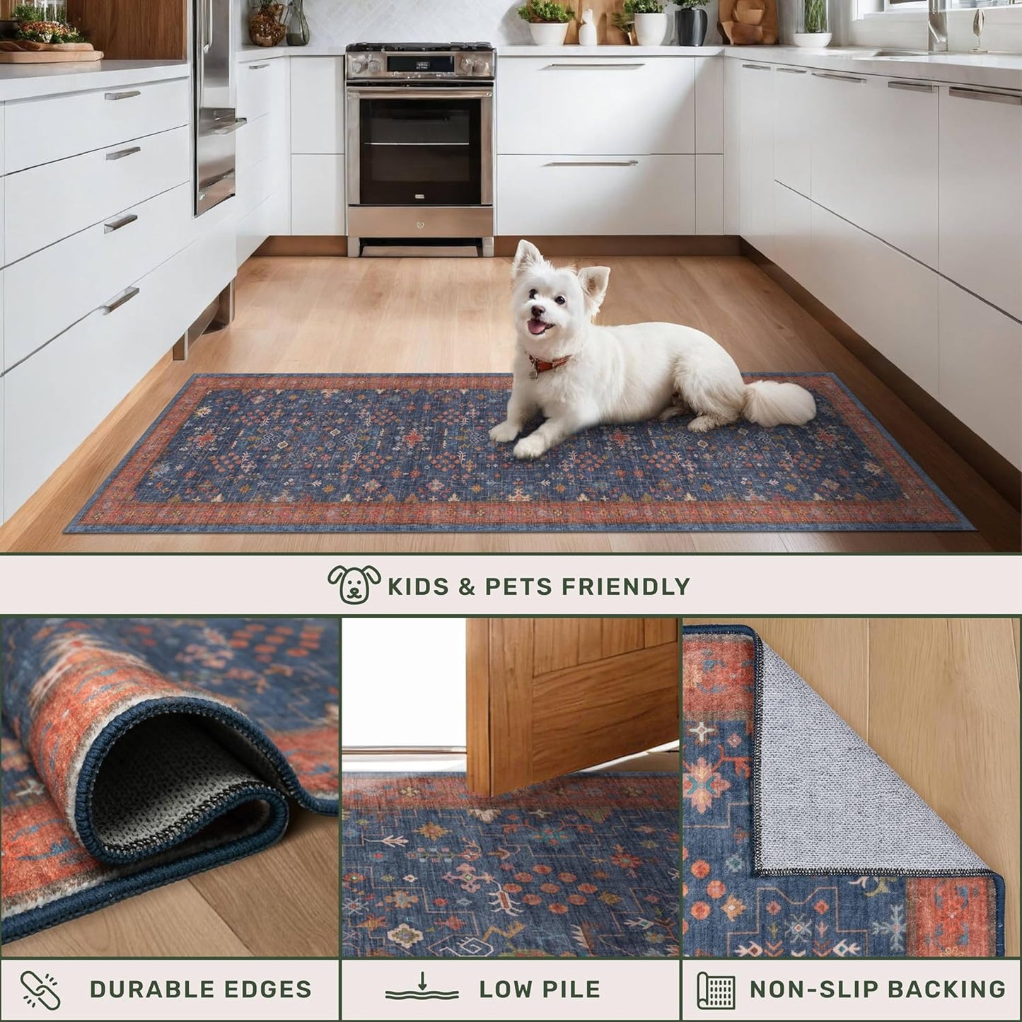 Washable Kitchen Rugs, 3x4 Area Rug for Large Entryway Indoor, Kitchen Mat, Small Rug for Living Room - Stain Resistant Non Skid Non Slip Rubber Backing, Boho Aethestic Décor (3x4 Navy Blue)