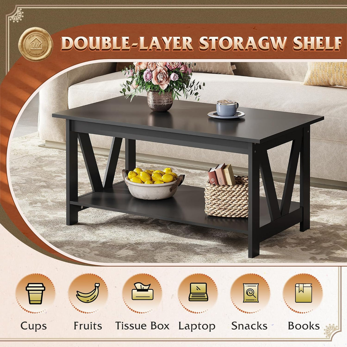 WLIVE Coffee Table with Storage Shelf, 39.4" Farmhouse Coffee Table with V-Frame Support, 2-Tier Wood Rustic Center Table for Living Room, Bedroom & Balcony, Black