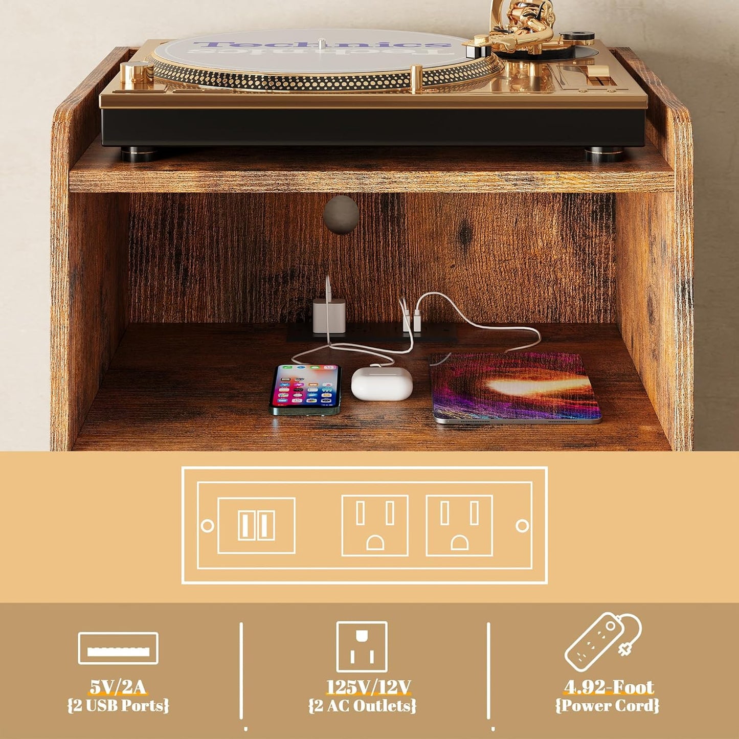 Record Player Stand, Turntable Stand with Record Storage and Charging Station & USB Ports, Record Player Table with Metal Divider, Record Stand Up to 160 Albums for Living Room, Bedroom Brown