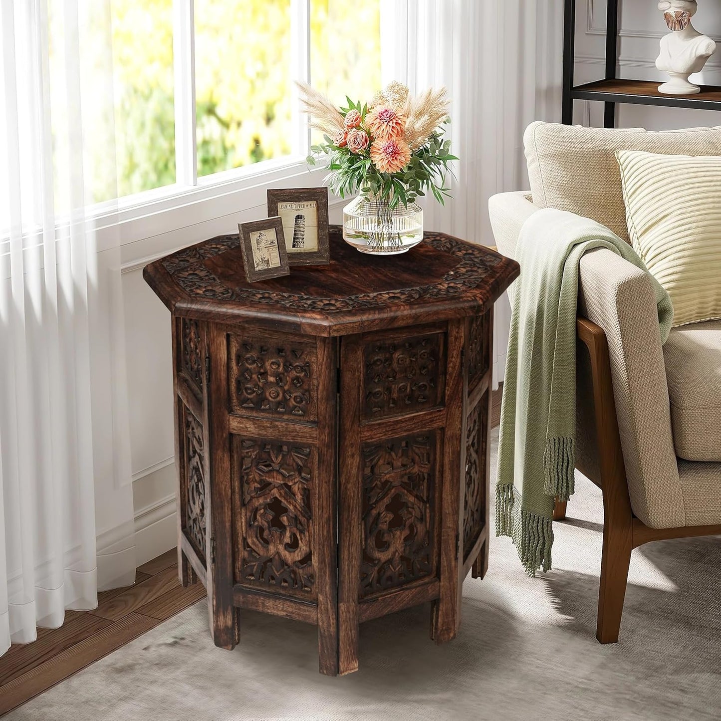 The Wooden Town End Tables for Living Room– Hand Carved Vintage Boho Folding Side Tables for Small Spaces, Entryway, Living Room, Bedroom – No Tools Assembly, 18"x18" Octagon, Scorch Burnt Finish