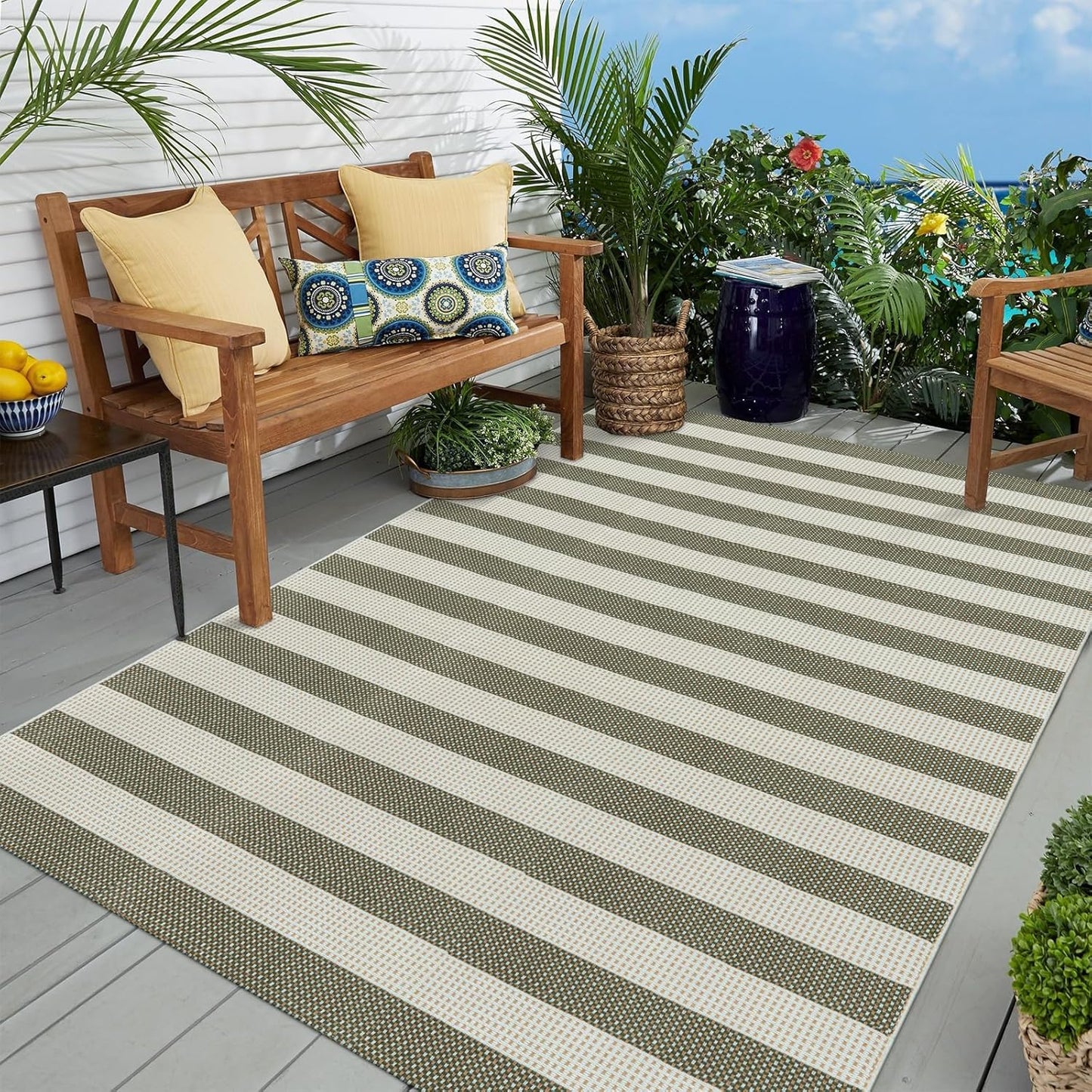 OJIA Outdoor Patio Rug 5'x7', Striped Rug Machine Washable Large Area Rugs Cotton Woven Thin Indoor Outdoor Rugs for Bedroom/Living Room/Front Porch/Deck/Backyard/Camping (Green/White/Tan)