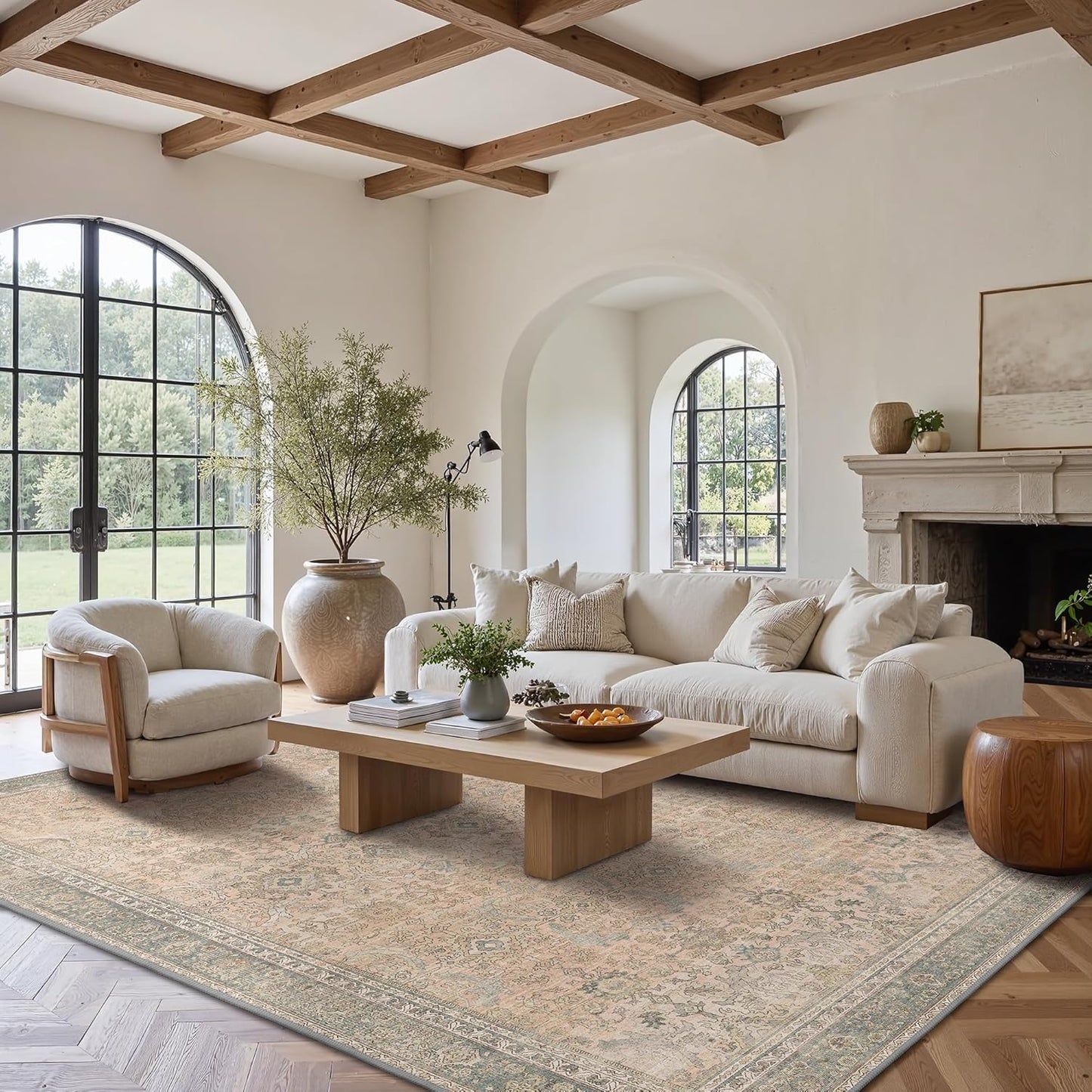 8X10 Area Rugs Machine Washable Rugs for Living Room, Vintage Boho Large Rugs for Bedroom Dining Room, Non Slip Indoor Soft Distressed Lightweight Thin Low Pile Carpet, Soft Sand